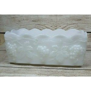 Vintage Anchor Hocking Fire King Milk Glass Planter Grape Leaf Pattern Rectangle